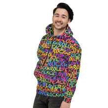 Load image into Gallery viewer, Peace, Love &amp; Rock n Roll on Stars Unisex Hoodie