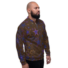 Load image into Gallery viewer, Earth &amp; Sky Blues, Purples, Browns &amp; Black Stars on Dark Brown Unisex Bomber Jacket