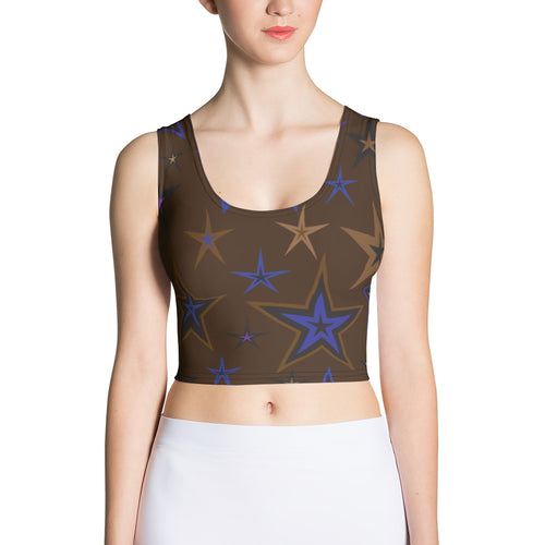 Earth & Sky Blues, Purples, Browns & Black Stars on Dark Brown Women's Yoga Crop Top