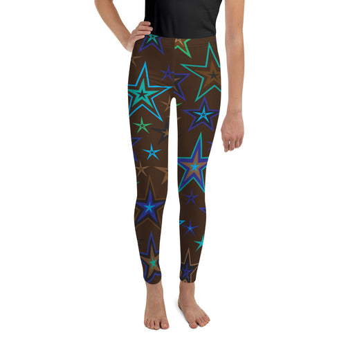 Earth & Sky Blues, Greens, Browns & Black Stars on Dark Brown Kid's/Youth Leggings