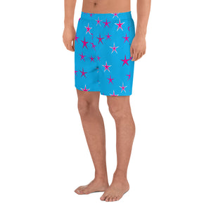 Aqua Sky Pink Stars Men's Athletic Long Shorts