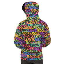 Load image into Gallery viewer, Peace, Love &amp; Rock n Roll on Stars Unisex Hoodie