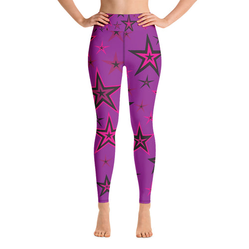 Rockstar Pinks, Purples & Black Stars on Purple Women's Yoga Leggings