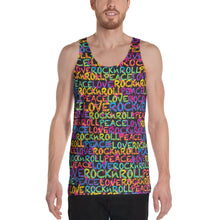 Load image into Gallery viewer, Peace, Love &amp; Rock n Roll on Stars Unisex Tank Top