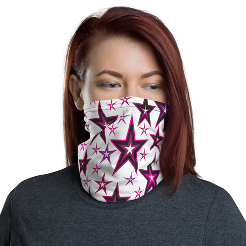 Rockstar Pinks, Purples, Black & White Stars on White Unisex Neck Gaiter Face Mask