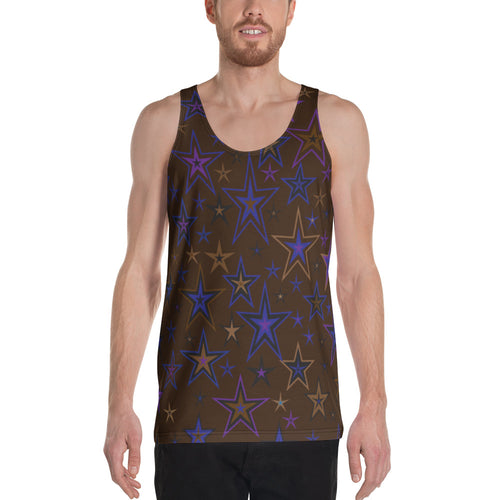 Earth & Sky Blues, Purples, Browns & Black Stars on Dark Brown Unisex Tank Top