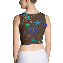 Load image into Gallery viewer, Earth &amp; Sky Blues, Greens, Browns &amp; Black Stars on Dark Brown Women&#39;s Yoga Crop Top