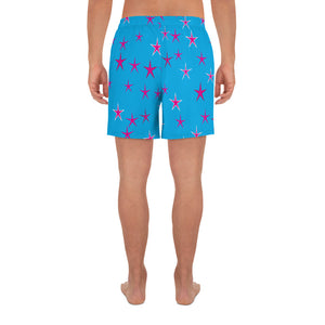 Aqua Sky Pink Stars Men's Athletic Long Shorts