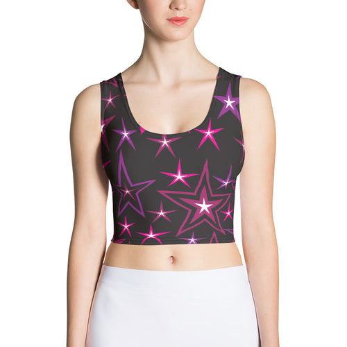 Rockstar Pinks, Purples, Black & White Stars on Black Women's Yoga Crop Top