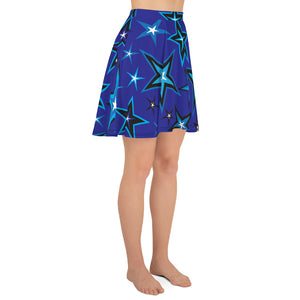 High Vibe Sky Blues, Black & White Stars on Dark Blue Women's Skater Skirt