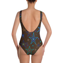 Load image into Gallery viewer, Earth &amp; Sky Blues, Greens, Browns &amp; Black Stars on Dark Brown Women&#39;s One-Piece Swimsuit