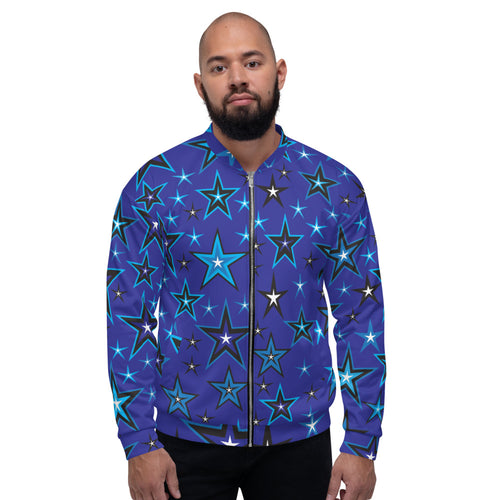 High Vibe Sky Blues, Black & White Stars on Dark Blue Unisex Bomber Jacket