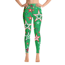 Load image into Gallery viewer, Z12 Christmas Holiday Red, Green, Black &amp; White Stars on Green Women&#39;s Yoga Leggings