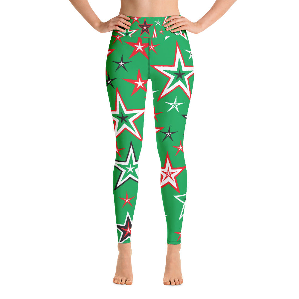 Z12 Christmas Holiday Red, Green, Black & White Stars on Green Women's Yoga Leggings