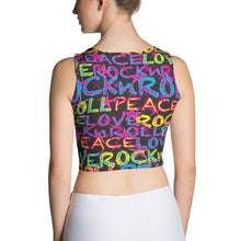 Load image into Gallery viewer, Peace, Love &amp; Rock n Roll on Stars Women&#39;s Yoga Crop Top