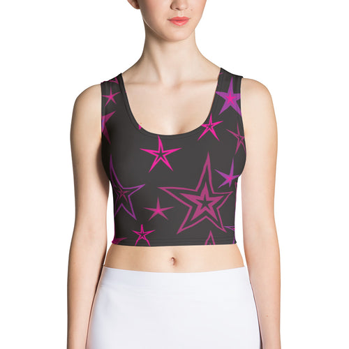 Rockstar Pinks, Purples & Black Stars on Black Women's Yoga Crop Top