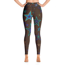 Load image into Gallery viewer, Earth &amp; Sky Blues, Greens, Browns &amp; Black Stars on Dark Brown Women&#39;s Yoga Leggings