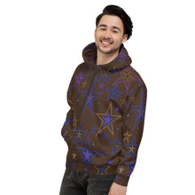 Load image into Gallery viewer, Earth &amp; Sky Blues, Purples, Browns &amp; Black Stars on Dark Brown Unisex Hoodie