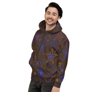 Earth & Sky Blues, Purples, Browns & Black Stars on Dark Brown Unisex Hoodie