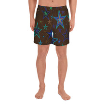 Load image into Gallery viewer, Earth &amp; Sky Blues, Greens, Browns &amp; Black Stars on Dark Brown Men&#39;s Athletic Long Shorts