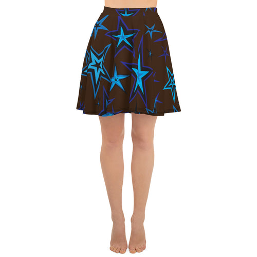 Earth & Sky Blues & Black Stars on Dark Brown Women's Skater Skirt