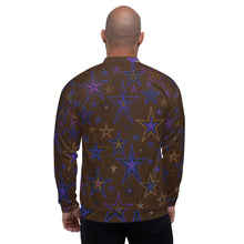 Load image into Gallery viewer, Earth &amp; Sky Blues, Purples, Browns &amp; Black Stars on Dark Brown Unisex Bomber Jacket