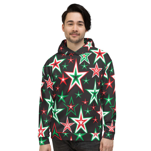 Z12 Christmas Holiday Red, Green, Black & White Stars on Black Unisex Hoodie