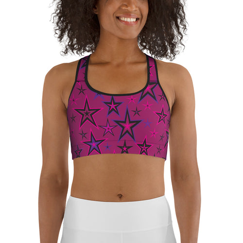 Rockstar Pinks, Purples & Black Stars on Dark Rose Women's Sports Bra