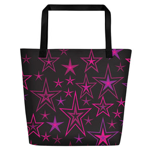 Rockstar Pinks, Purples & Black Stars on Black Beach Bag