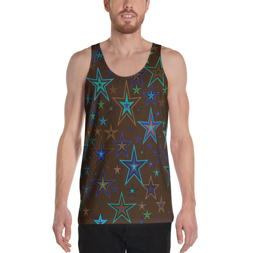 Earth & Sky Blues, Greens, Browns & Black Stars on Dark Brown Unisex Tank Top