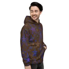 Load image into Gallery viewer, Earth &amp; Sky Blues, Purples, Browns &amp; Black Stars on Dark Brown Unisex Hoodie