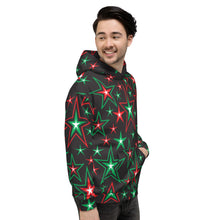 Load image into Gallery viewer, Z12 Christmas Holiday Red, Green &amp; White Stars on Black Unisex Hoodie