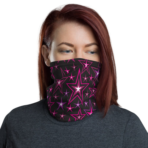 Rockstar Pinks, Purples & White Stars on Black Unisex Neck Gaiter Face Mask