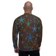 Load image into Gallery viewer, Earth &amp; Sky Blues, Greens, Browns &amp; Black Stars on Dark Brown Unisex Bomber Jacket