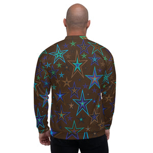 Earth & Sky Blues, Greens, Browns & Black Stars on Dark Brown Unisex Bomber Jacket