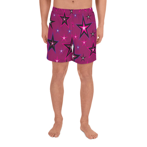 Rockstar Pinks, Purples, Black & White Stars on Dark Rose Men's Athletic Long Shorts