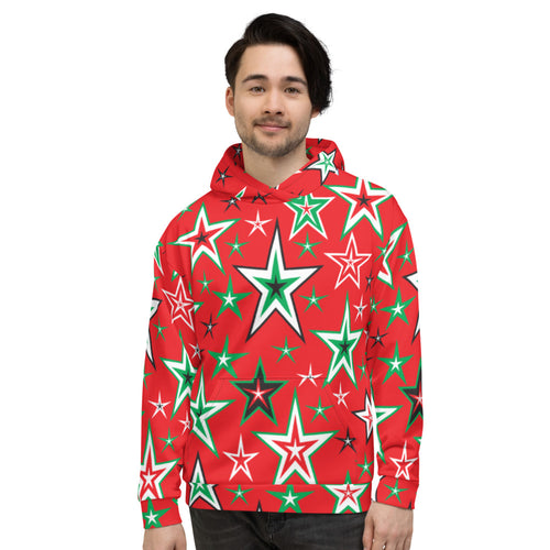 Z12 Christmas Holiday Red, Green, Black & White Stars on Red Unisex Hoodie