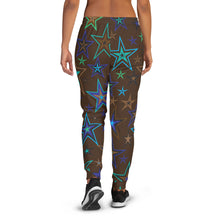 Load image into Gallery viewer, Earth &amp; Sky Blues, Greens, Browns &amp; Black Stars on Dark Brown Women&#39;s Joggers