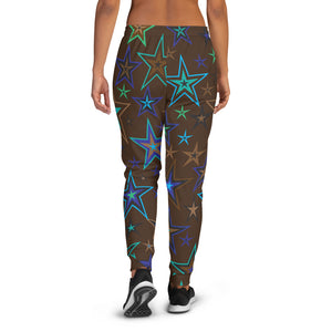 Earth & Sky Blues, Greens, Browns & Black Stars on Dark Brown Women's Joggers