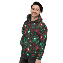 Load image into Gallery viewer, Z12 Christmas Holiday Red, Green &amp; White Stars on Black Unisex Hoodie