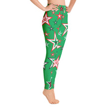 Load image into Gallery viewer, Z12 Christmas Holiday Red, Green, Black &amp; White Stars on Green Women&#39;s Yoga Leggings