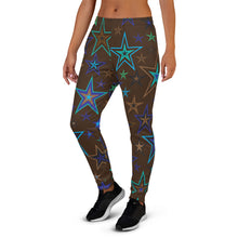 Load image into Gallery viewer, Earth &amp; Sky Blues, Greens, Browns &amp; Black Stars on Dark Brown Women&#39;s Joggers