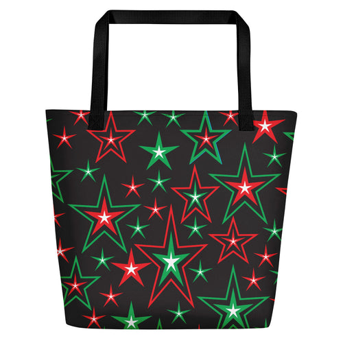 Z12 Christmas Holiday Red, Green & White Stars on Black Beach Bag