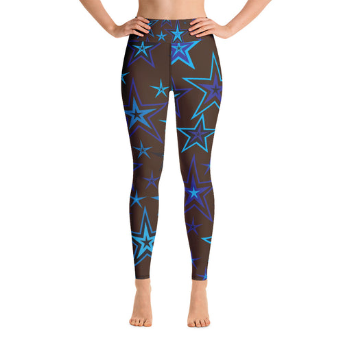 Earth & Sky Blues & Black Stars on Dark Brown Women's Yoga Leggings