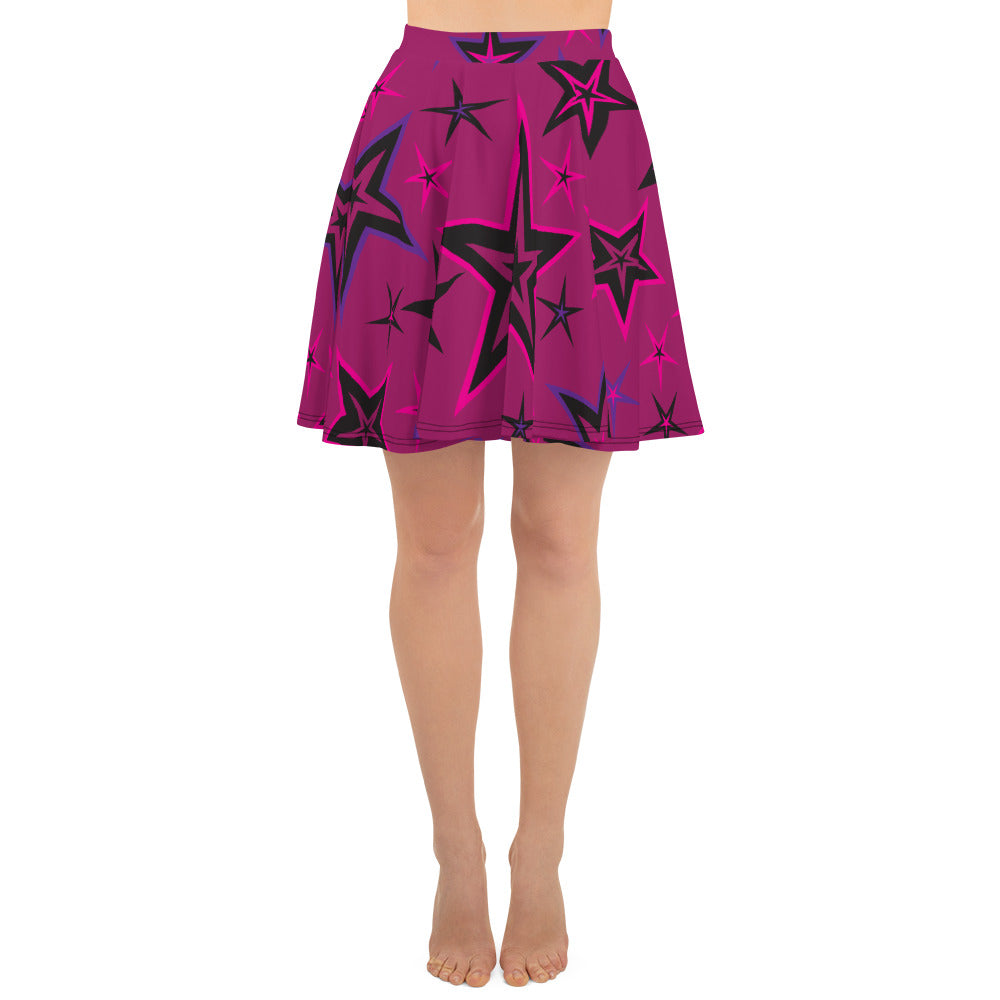 Rockstar Pinks, Purples & Black Stars on Dark Rose Women's Skater Skirt