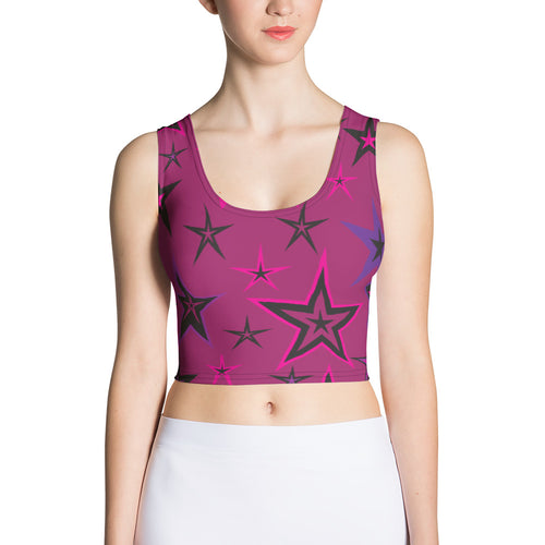 Rockstar Pinks, Purples & Black Stars on Dark Rose Women's Yoga Crop Top