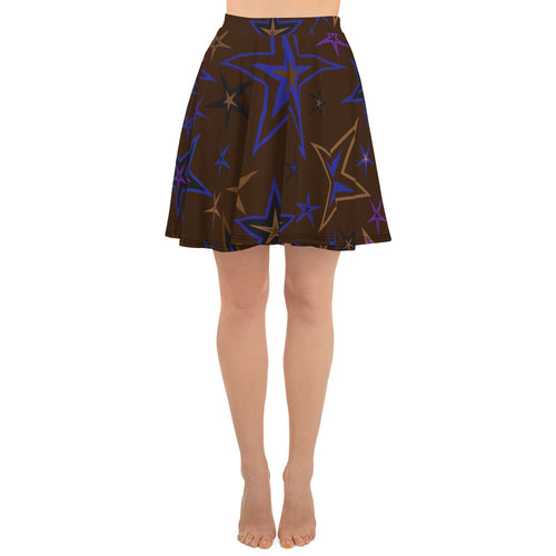 Earth & Sky Blues, Purples, Browns & Black Stars on Dark Brown Women's Skater Skirt