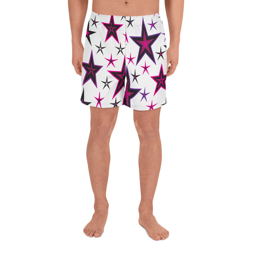 Rockstar Pinks, Purples & Black Stars on White Men's Athletic Long Shorts