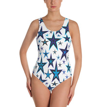 Load image into Gallery viewer, High Vibe Sky Blues &amp; Black Stars on White Women&#39;s One-Piece Swimsuit